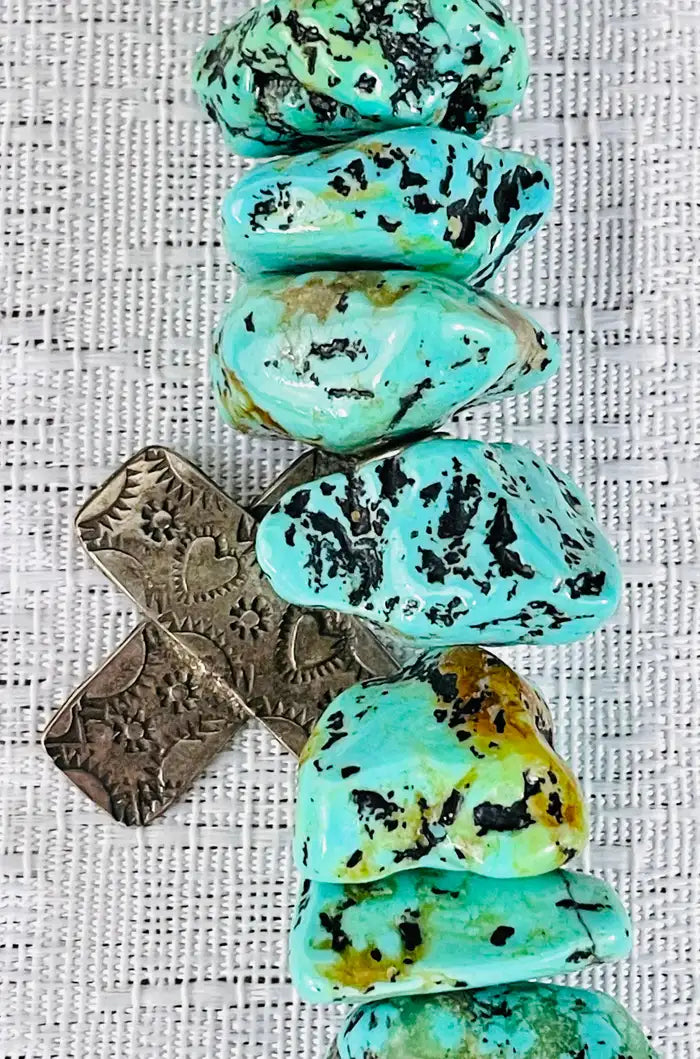 Navajo Turquoise and Pearls Necklace with Sterling Silver Cross Pendants