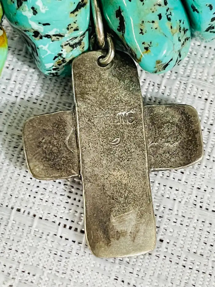 Navajo Turquoise and Pearls Necklace with Sterling Silver Cross Pendants