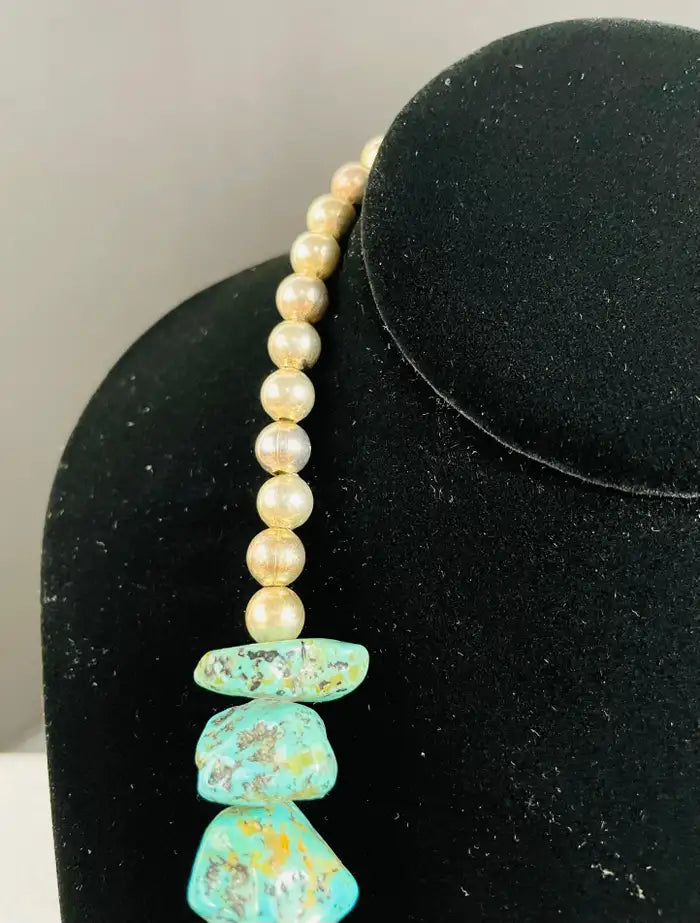 Navajo Turquoise and Pearls Necklace with Sterling Silver Cross Pendants