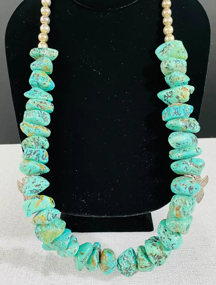 Navajo Turquoise and Pearls Necklace with Sterling Silver Cross Pendants