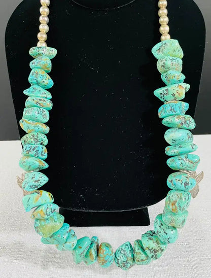 Navajo Turquoise and Pearls Necklace with Sterling Silver Cross Pendants