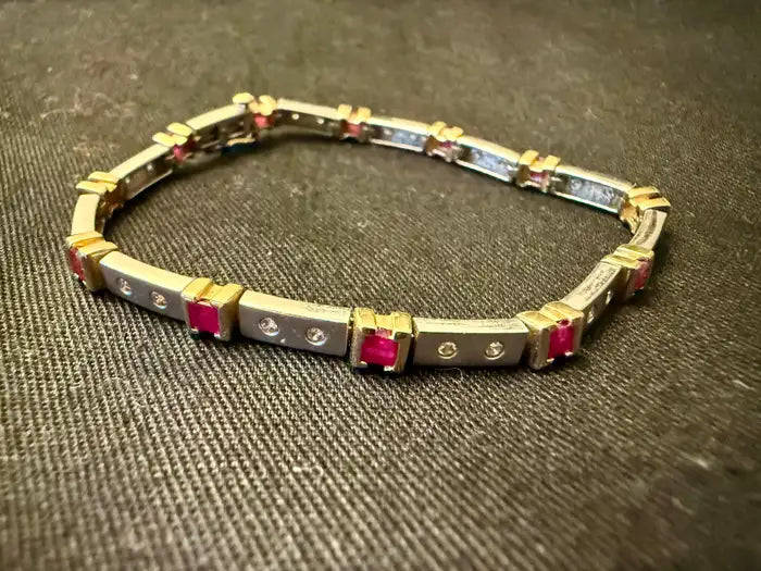 Art Deco Style 14K White Gold Bracelet with Rubies and Diamonds