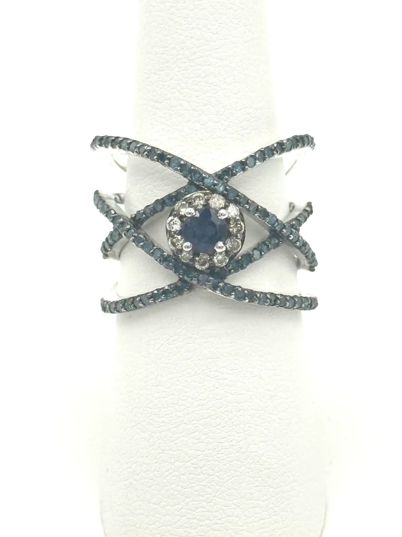 Blue Sapphire & Diamond Crisscross Cocktail Ring in Silver