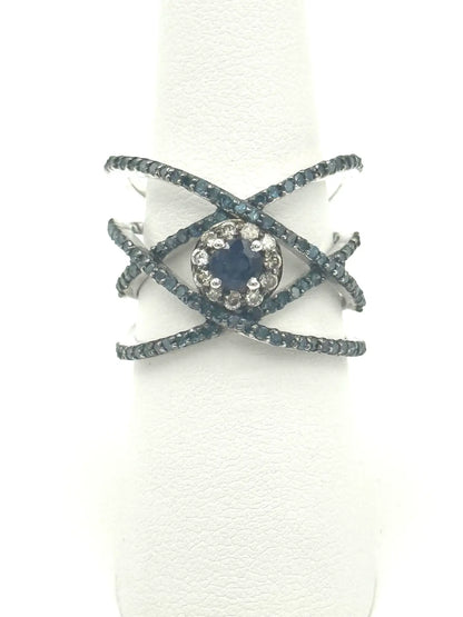 Blue Sapphire & Diamond Crisscross Cocktail Ring in Silver