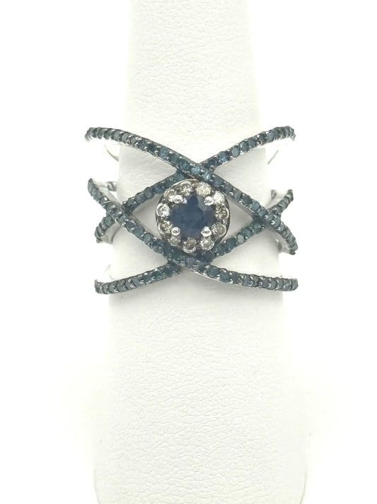 Blue Sapphire & Diamond Crisscross Cocktail Ring in Silver