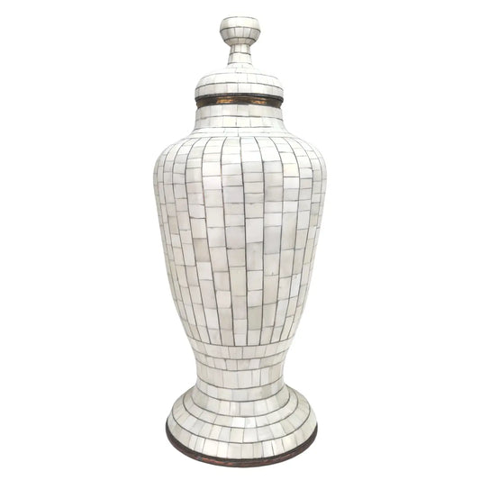 Mid-Century Off-White Mosaic Natural Bone with Brass Inlay Urn or Vase