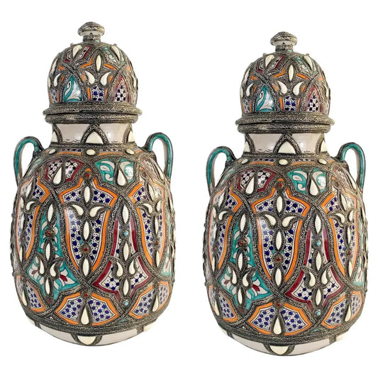 Vintage Moroccan Palatial Lidded Pottery Vase or Urn with Brass Inlay, a Pair