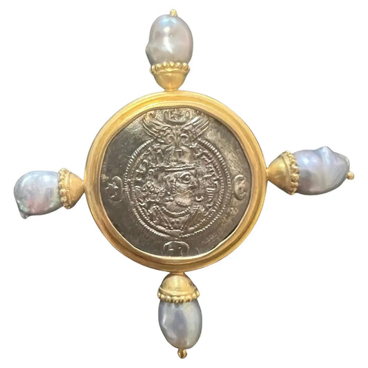 Elizabeth Locke Silver Sasanian Roman Coin Sea Pearl 18k Gold Frame Pin or Brooch