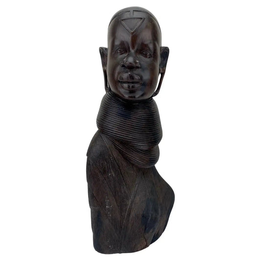 African Woman Bust Hand-Carved Ebony Wooden Sculpture