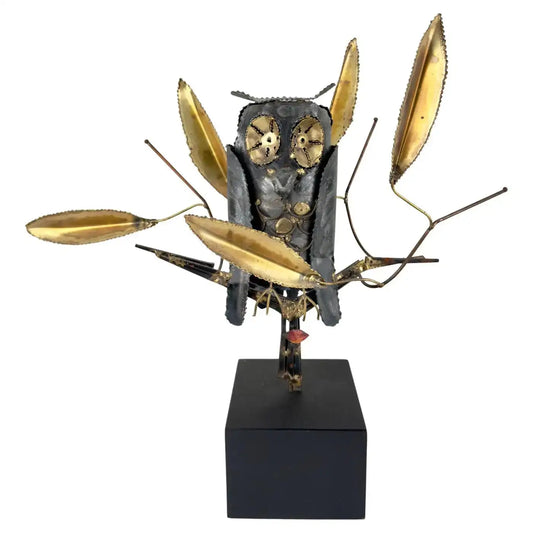 DeGroot Brutalist MCM Brass & Metal Owl Sculpture, Signed