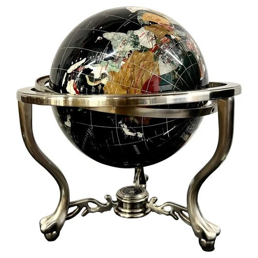 Handcrafted Semi-Precious Stone Globe on Decorative Metal Stand with Compass