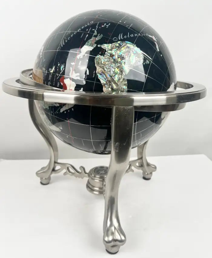 Handcrafted Semi-Precious Stone Globe on Decorative Metal Stand with Compass