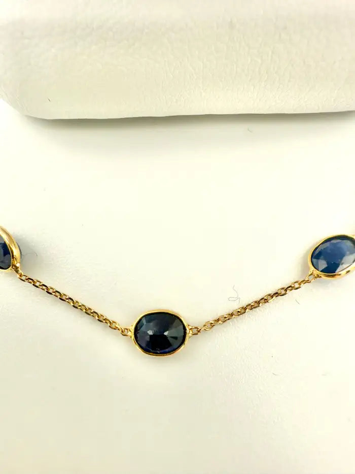 7.80 Carat Oval Blue Sapphire Station Chain Necklace in 18k Solid Yellow Gold