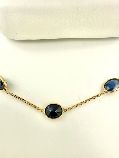 7.80 Carat Oval Blue Sapphire Station Chain Necklace in 18k Solid Yellow Gold