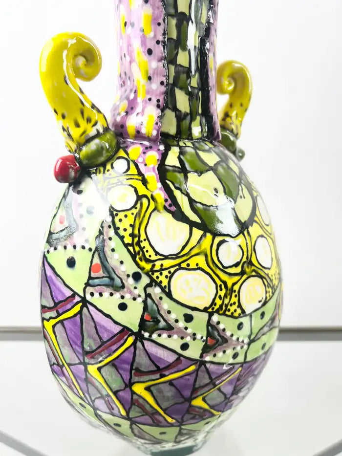 Abstract Studio Multi-Color Hand Painted Ceramic Vase Signed & Dated 1999