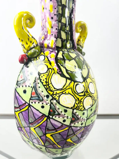 Abstract Studio Multi-Color Hand Painted Ceramic Vase Signed & Dated 1999