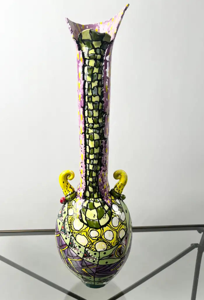 Abstract Studio Multi-Color Hand Painted Ceramic Vase Signed & Dated 1999