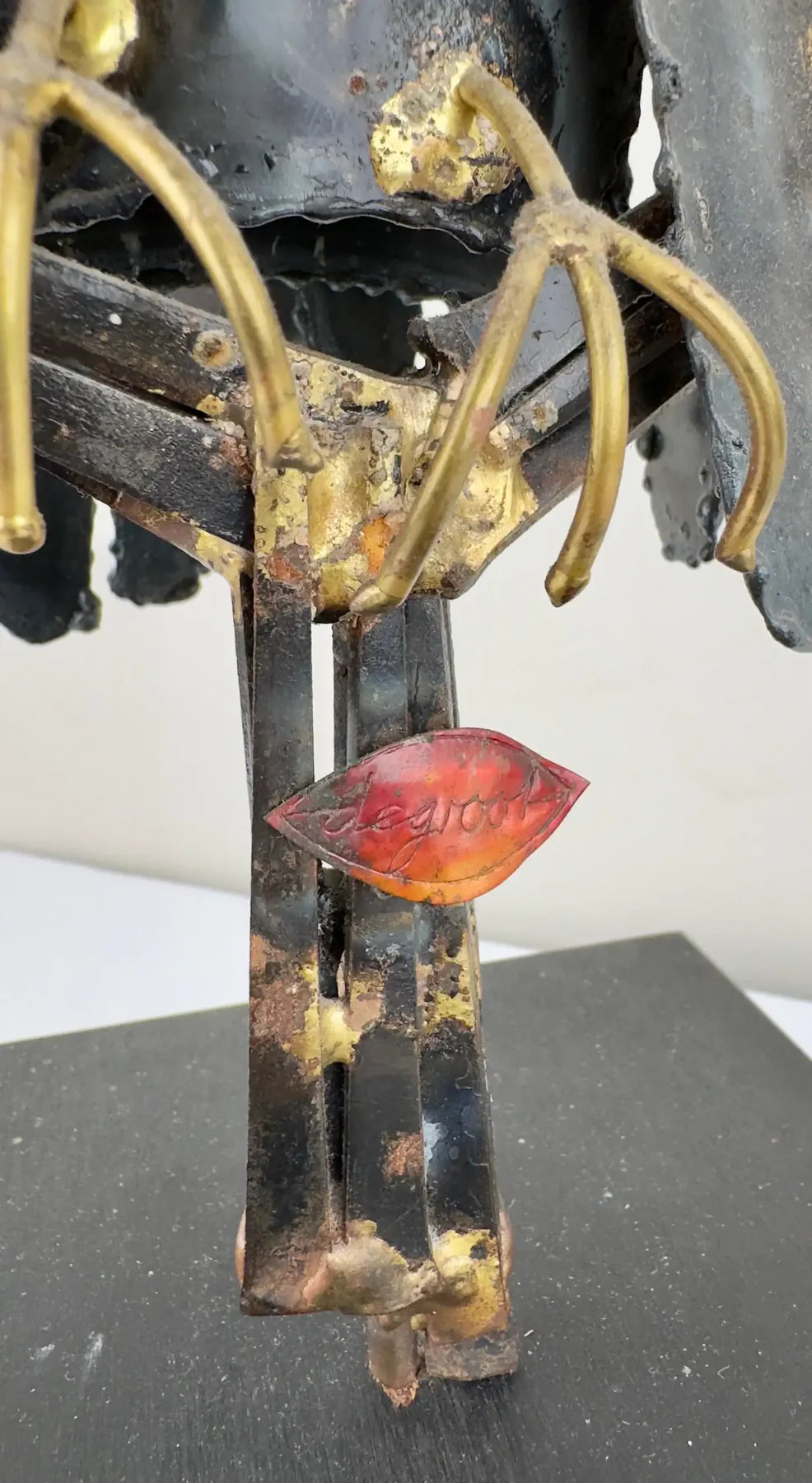 DeGroot Brutalist MCM Brass & Metal Owl Sculpture, Signed