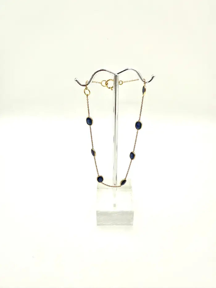 2.5 Ct Oval Cut Blue Sapphire Station Chain Stackable Bracelet 18K Yellow Gold