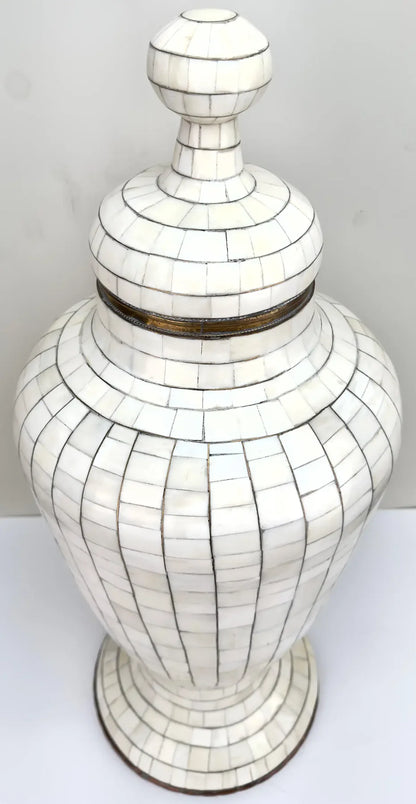 Mid-Century Off-White Mosaic Natural Bone with Brass Inlay Urn or Vase