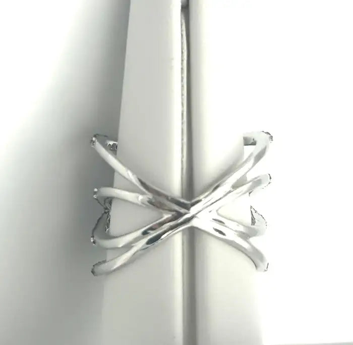 Blue Sapphire & Diamond Crisscross Cocktail Ring in Silver