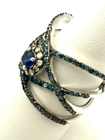 Blue Sapphire & Diamond Crisscross Cocktail Ring in Silver