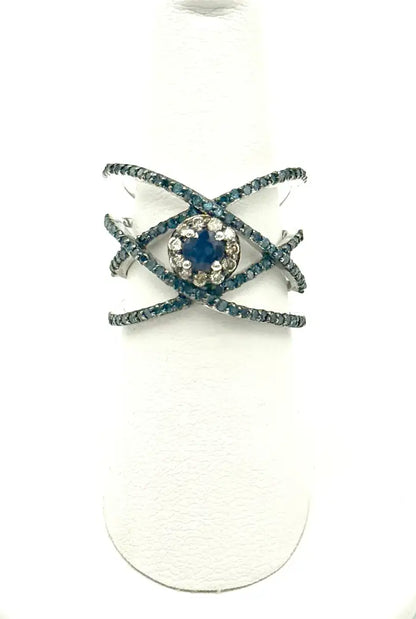 Blue Sapphire & Diamond Crisscross Cocktail Ring in Silver