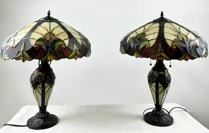 Art Nouveau Tiffany Style Brown & Green Stained Glass Table Lamp, a Pair