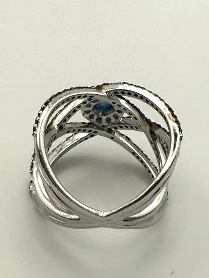 Blue Sapphire & Diamond Crisscross Cocktail Ring in Silver
