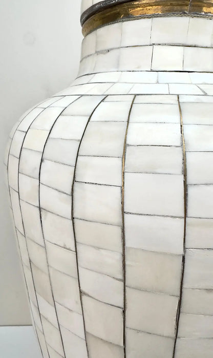 Mid-Century Off-White Mosaic Natural Bone with Brass Inlay Urn or Vase