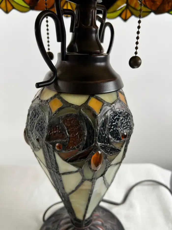 Art Nouveau Tiffany Style Brown & Green Stained Glass Table Lamp, a Pair