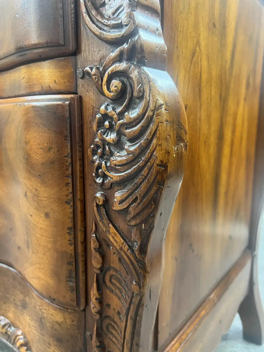 John Widdicomb French Provincial Bombe Serpentine Burl Walnut Commode Dresser