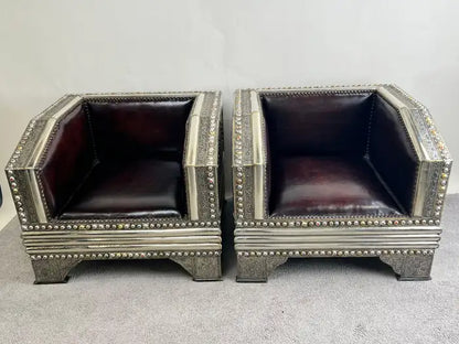 Paul Evans Style Brutalist Handmade Brass & Leather Lounge Chair, a Pair