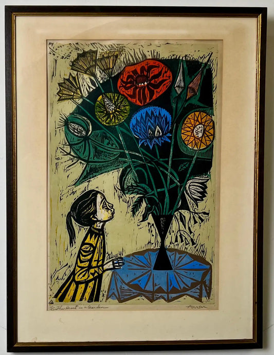 Irving Amen, The Heart is a Garden, Signed & Numbered Color Woodcut Print 1964