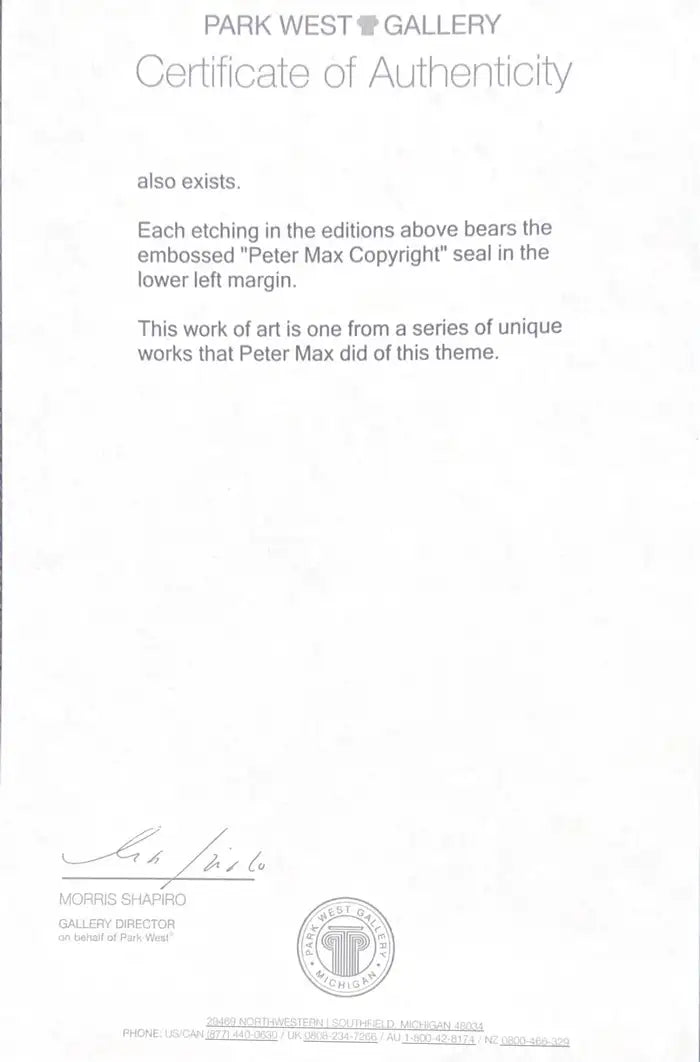 Peter Max Umbrella Man III (Angel with Heart/Sailboat) Hand Colored Etching 2018