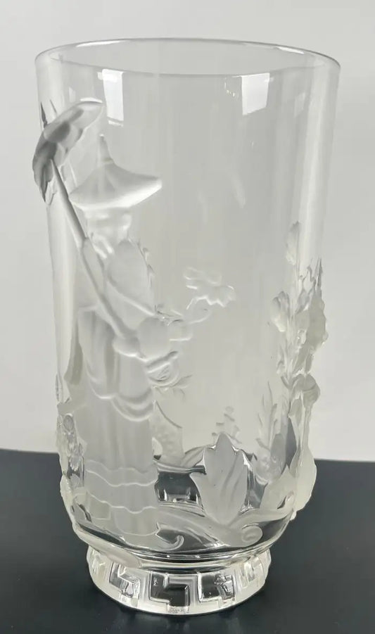 Verlys French Art Glass “Mandarin” Vase Frosted & Clear Relief Design circa 1930