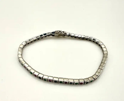 Art Deco Style Sterling Silver Ruby, Emerald & Sapphire Tennis Bracelet, 9 CT