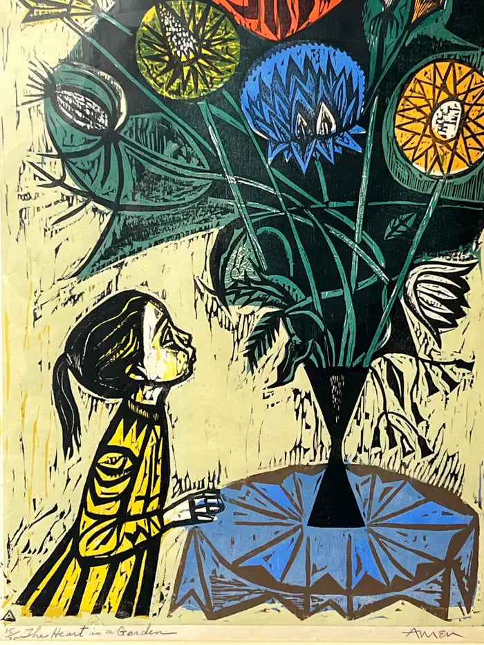 Irving Amen, The Heart is a Garden, Signed & Numbered Color Woodcut Print 1964