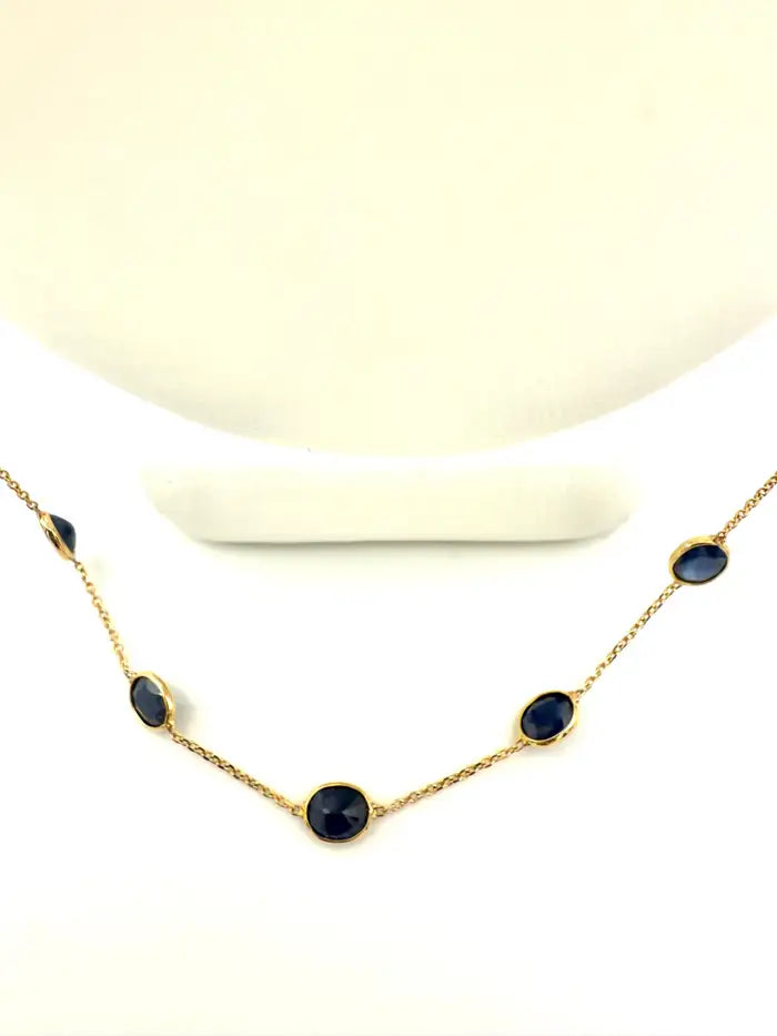 7.80 Carat Oval Blue Sapphire Station Chain Necklace in 18k Solid Yellow Gold