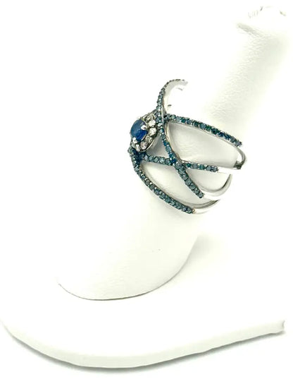 Blue Sapphire & Diamond Crisscross Cocktail Ring in Silver