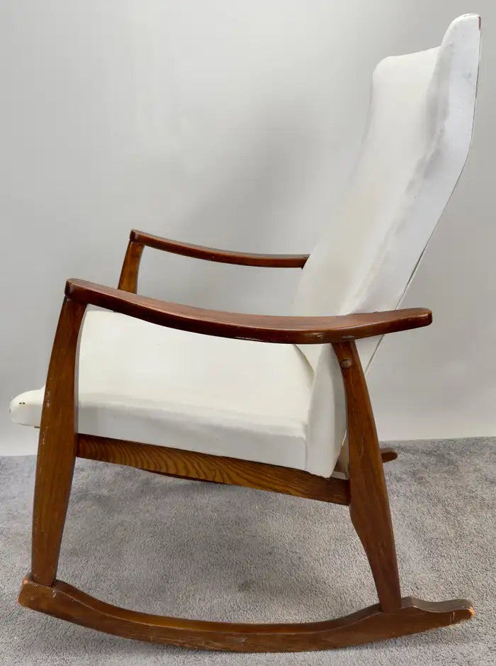 Milo Baughman Style MCM in White Faux Leather Rocking Chair