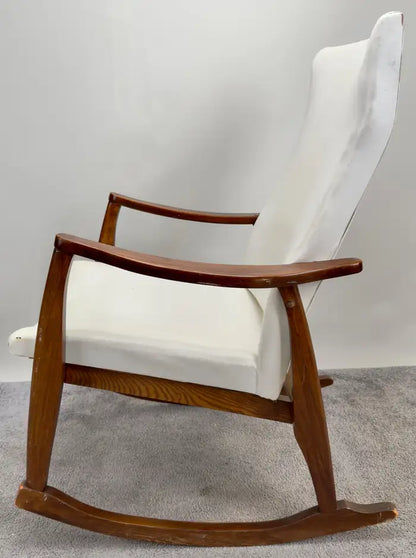 Milo Baughman Style MCM in White Faux Leather Rocking Chair