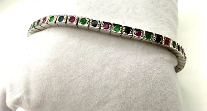 Art Deco Style Sterling Silver Ruby, Emerald & Sapphire Tennis Bracelet, 9 CT