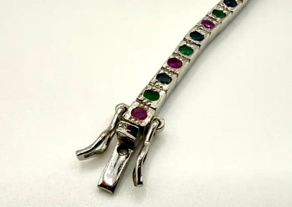 Art Deco Style Sterling Silver Ruby, Emerald & Sapphire Tennis Bracelet, 9 CT