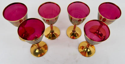 Art Nouveau Austrian Ruby & 24K Gold Etched Wine Glasses and Decanter, Set of 7