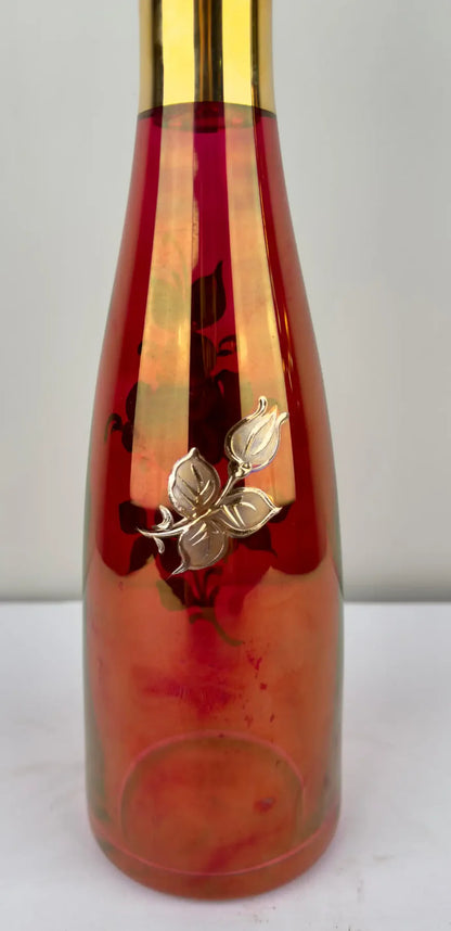 Art Nouveau Austrian Ruby & 24K Gold Etched Wine Glasses and Decanter, Set of 7