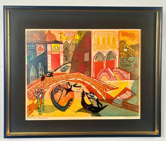 Irving Amen" Venice Recalled " Hand-Signed & Numbered Color Woodcut Print 1960's