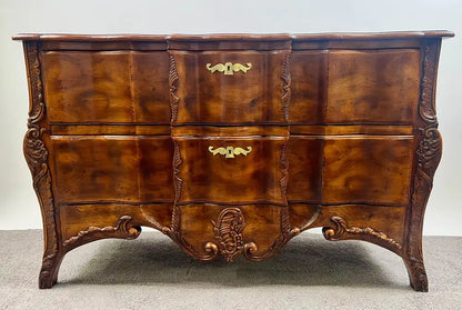 John Widdicomb French Provincial Bombe Serpentine Burl Walnut Commode Dresser