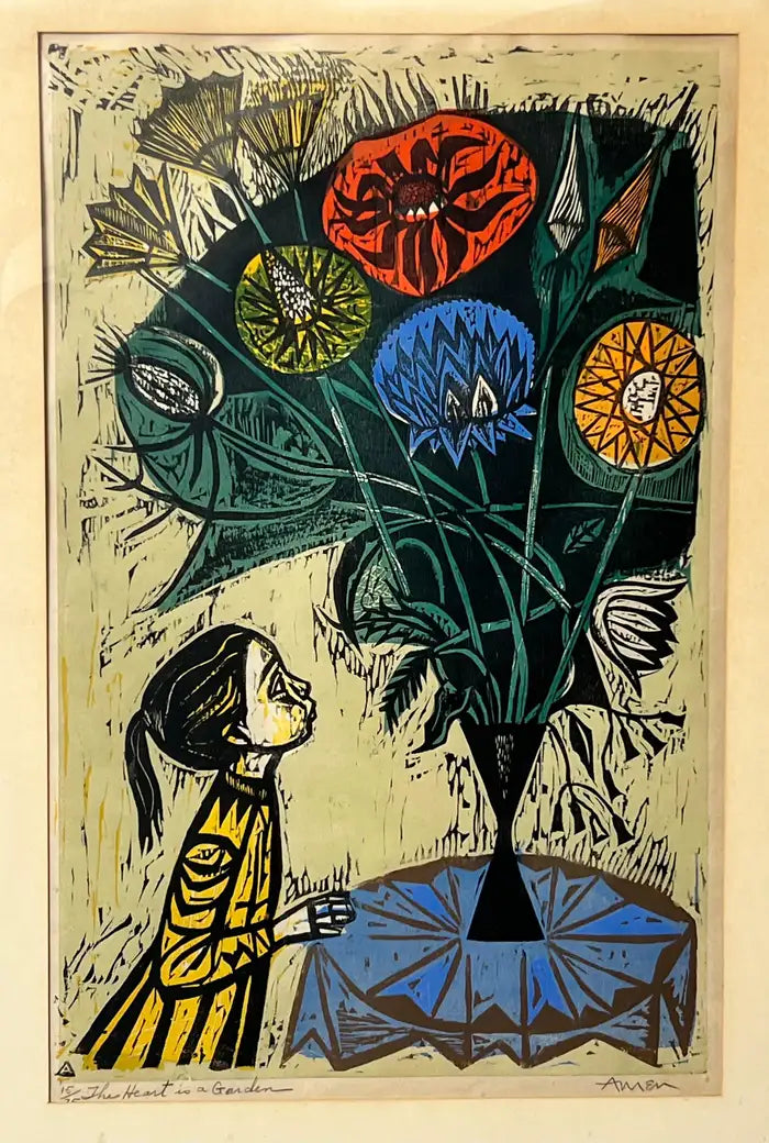 Irving Amen, The Heart is a Garden, Signed & Numbered Color Woodcut Print 1964