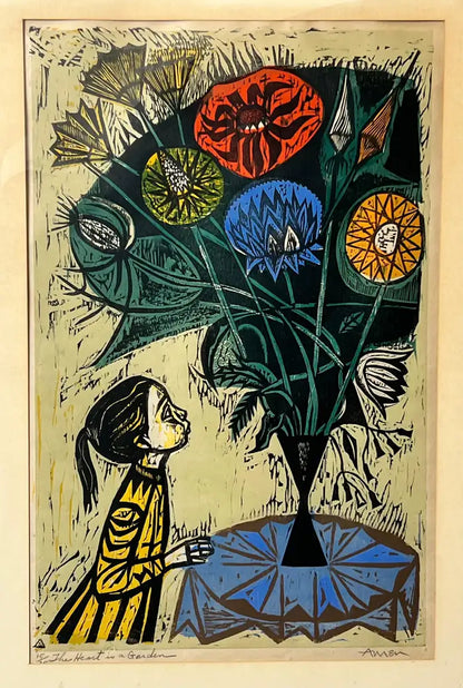 Irving Amen, The Heart is a Garden, Signed & Numbered Color Woodcut Print 1964